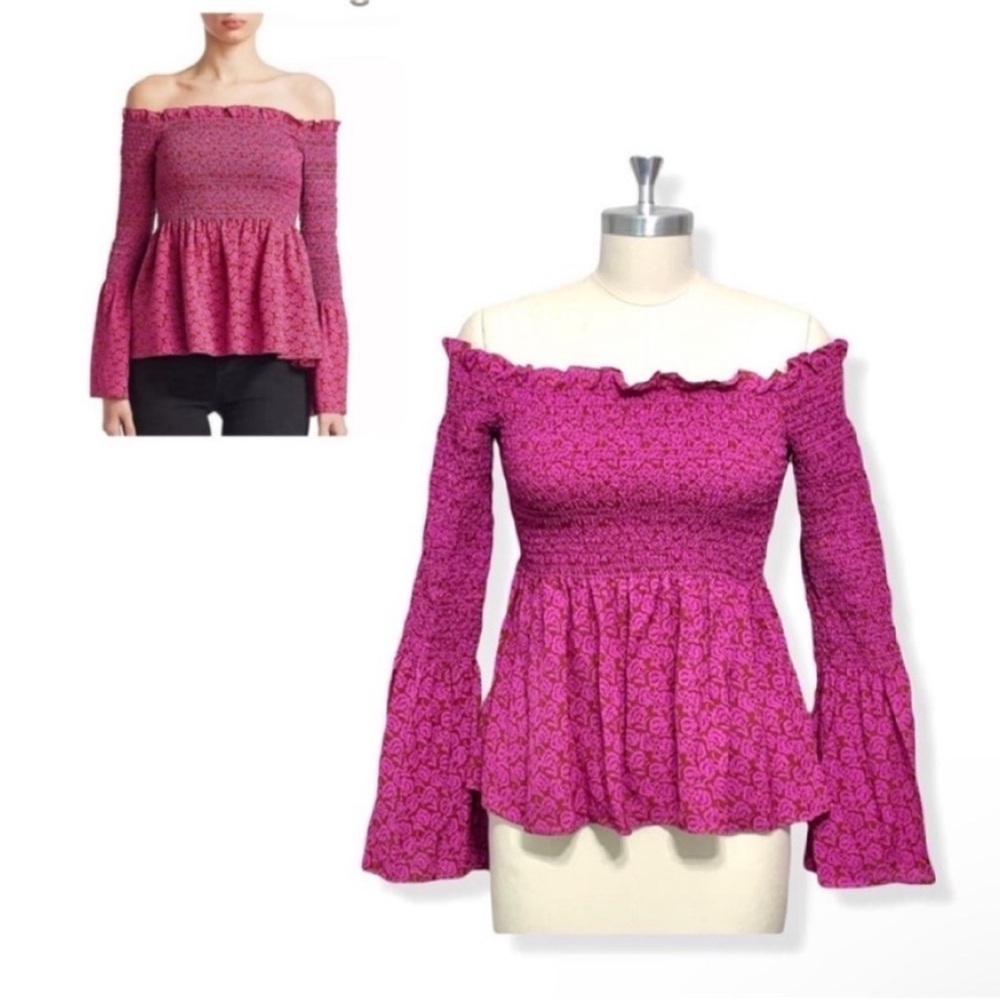 A.L.C. Milkmaid Agra Ruched Off-The-Shoulder Bell-Sleeve Smocked Peplum Top Sz 2